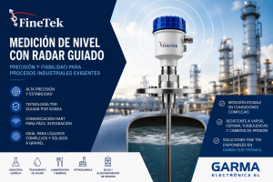 Transmisor de nivel por radar guiado FineTek para medición industrial de líquidos y sólidos en aplicaciones de automatización y control de procesos.