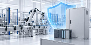 Ciberseguridad OT: ilustración de una fábrica automatizada y un escudo de protección digital